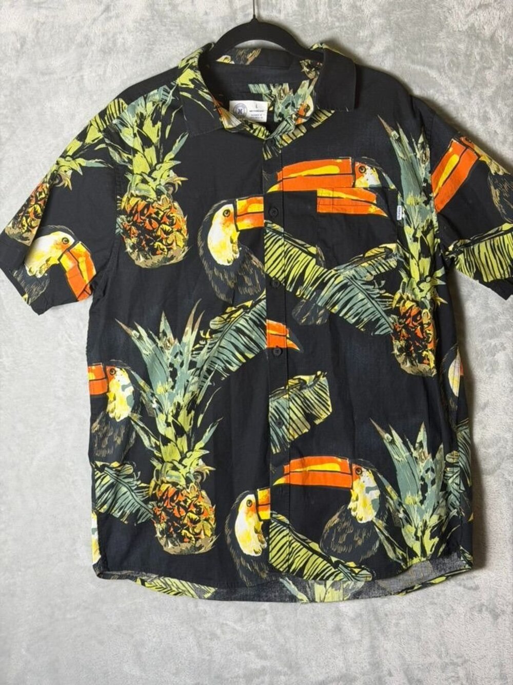 HURLEY Button Up‎ Shirt Mens Large Black Tropical Toucan Pineapple Stretch Fit